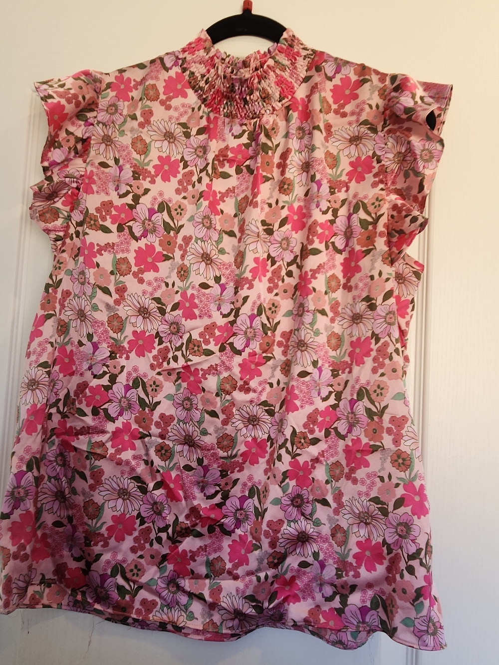 Ee:some Pink Floral Ruffle Neck Blouse L Euc